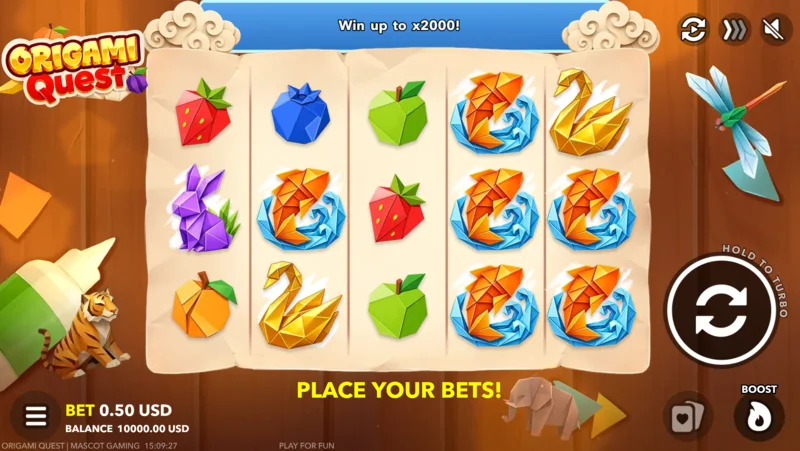 Origami Quest – Spielbildschirm mit Einsatzpanel und Boost-Taste